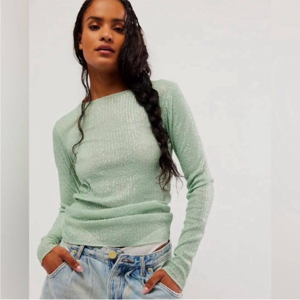 FREE PEOPLE Gold Rush Long‎ Sleeve Sequin Tee Top Mint Green Size XS X-Small New